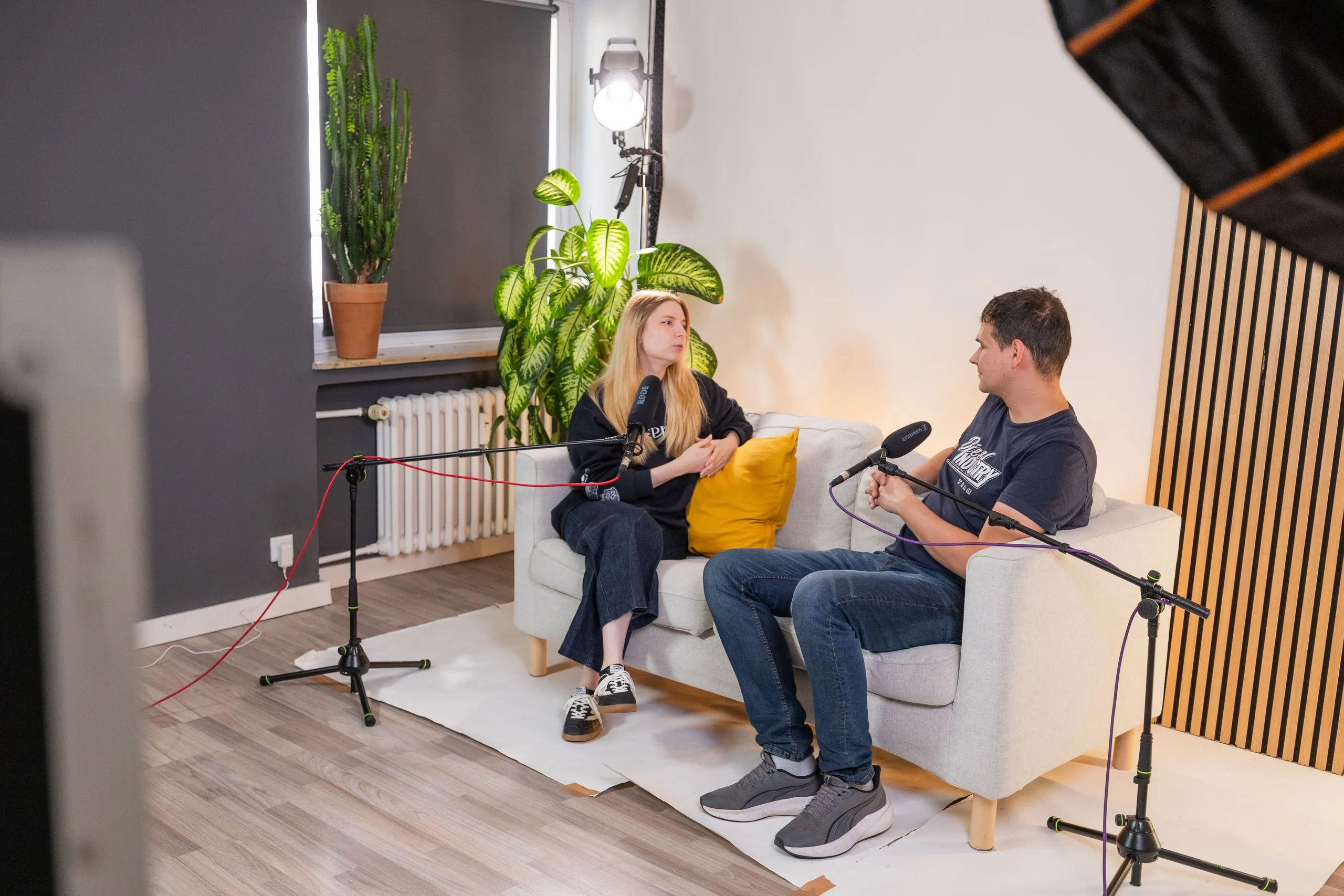Helles Sofa-Set mit Pflanzen und Mikrofonen bei einer Interview-Aufnahme im Videostudio Essen